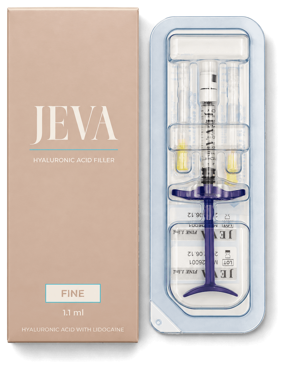 JEVA Fine carton beside its blister tray with syringe and traceability labels