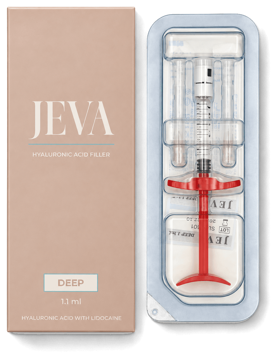 JEVA Deep carton beside its blister tray with syringe and traceability labels