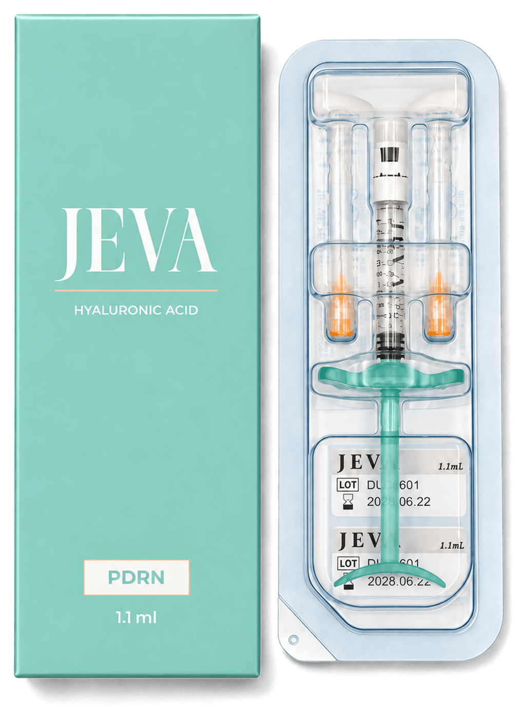 JEVA PDRN carton beside its blister tray with syringe