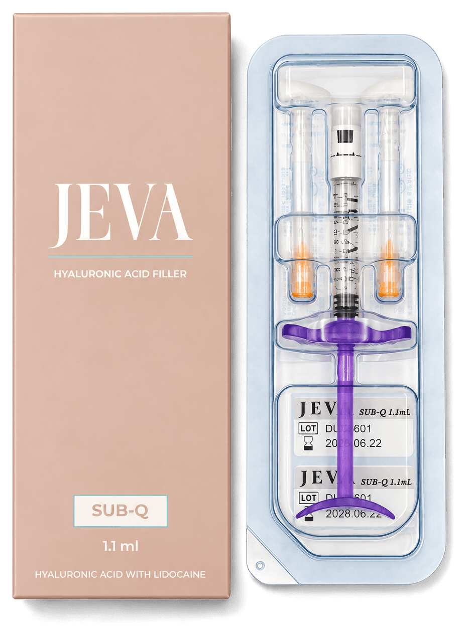 JEVA Sub-Q carton beside its blister tray with syringe and traceability labels